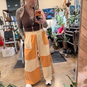 Three Bird Nest Orange and Cream Patchwork Wide-Leg Pants